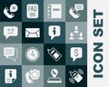 Set Mobile phone, Paid support, Employee hierarchy, Notebook, Mail and e-mail, Sad smile, Declined missed call and