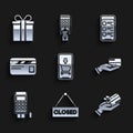 Set Mobile phone and shopping cart, Hanging sign with text Closed, Human hand holding credit card, Pos terminal inserted