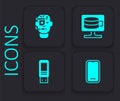 Set Mobile phone, Smart glasses spectacles, Cloud database and USB flash drive icon. Black square button. Vector