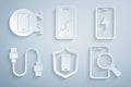 Set Mobile with shield, charging battery, USB cable cord, Phone repair service, broken screen and icon. Vector Royalty Free Stock Photo