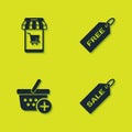 Set Mobile and shopping cart, Price tag with Sale, Add to Shopping basket and Free icon. Vector Royalty Free Stock Photo