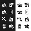 Set Mobile and shopping cart, Shopping basket with check mark, Add to, Market store, Magnifying glass percent, bag Royalty Free Stock Photo