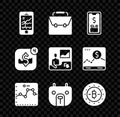 Set Mobile stock trading, Briefcase, with dollar, Browser growth graph, Bear market, Bitcoin, and Trading courses icon