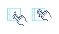 Set of mobile tablet with up, down swipe gesture blue line icons. Phone screen with hand symbols for UI web design.