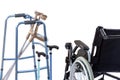 Set of mobility aids including a wheelchair, walker, crutches, quad cane, and crutches. Royalty Free Stock Photo