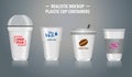 Set of mock up realistic cup containers, with clear plastic in disposable cups,