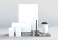 Set Mockup of stationery elements on marble base. 3D render Royalty Free Stock Photo