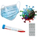 Set of model coronavirus, protective mask, microbiological tube and pills blister