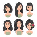 Set of model haircuts and hairstyles, portrait of a girl with different haircuts, hair length, girls avatars, vector