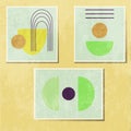 Set Modern abstract geometric poster with grunge texture. Circle, oval, lines, rainbow in yellow, blue, lettuce