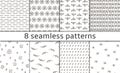 Set of 8 Modern abstract simple vector seamless patterns with monochrome trellis.