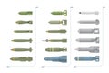 A vector illustration of a set of multicolor aerial bombs is on a white background