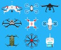 Set of modern air drones, quadrocopters and remote control. Science and Modern technologies. Vector illustration. Radio