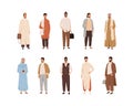 Set of modern Arabic men in Arab fashion clothes. Islamic people wearing traditional and stylish casual outfits. Muslim