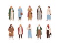 Set of modern Arabic women wearing fashion clothes. Arab Islamic females in trendy outfit with traditional headdresses