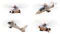 Set modern army helicopter in flight with a full complement of weapons on a white background. 3d illustration. Royalty Free Stock Photo