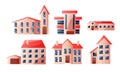 Set of modern beautiful urban multi-story houses with red roofs in different shapes. Vector illustration in flat cartoon Royalty Free Stock Photo