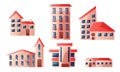 Set of modern beautiful urban multi-story houses with red roofs in different shapes. Vector illustration in flat cartoon Royalty Free Stock Photo