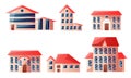 Set of modern beautiful urban multi-story houses with red roofs in different shapes. Vector illustration in flat cartoon Royalty Free Stock Photo