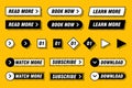 Set of modern buttons in different designs and colors like yellow, black, white. Ready to use in your web page or mobile app