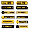 Set of modern buttons in different designs and colors like yellow, black, white. Ready to use in your web page or mobile app