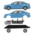 Set of modern car sedan components. Parts for assembling the vehicle. Transmission, engine compartment and chassis of car Royalty Free Stock Photo