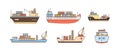 Set of modern cargo ship icons with loading crane, containers. Commercial trade goods shipment, shipping logistics