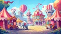 A set of modern cartoon festival flyers with illustrations of a circus stage, balloons, and magical castle. Posters for Royalty Free Stock Photo