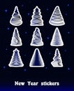Set of modern Christmas tree stickers beautiful with white outline blue gradient on starry sky background Royalty Free Stock Photo