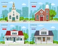 Set with modern church buildings and private houses. Royalty Free Stock Photo