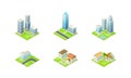 Set of modern city buildings. Private houses, skyscrapers, public buildings isometric vector illustration Royalty Free Stock Photo