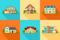 Set of modern city cottage houses, buildings icons, front view Royalty Free Stock Photo