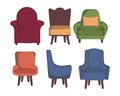 Set of modern colorful soft armchair and sofa with upholstery. Armchairs for room design games. Cushioned furniture