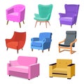 Set of modern colorful soft armchair with upholstery. Armchairs for room design games. Cushioned furniture, room