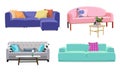 Set of modern colorful soft sofas with upholstery