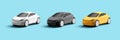 Set of modern 3d render car models, simplified shapes, big wheels, new generation car, yellow black and white colors