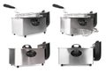 Set with modern deep fryers on white background Royalty Free Stock Photo