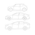 Set of modern electric cars silouettes. A sedan jeep and two-door small car. Black-and-white line contour Royalty Free Stock Photo