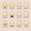 Set of 12 modern flat emoticons: Chicken egg, healthy natural food, smile, sadness and other emotions. Vector