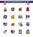 Set of 16 Modern Flat Filled Lines pack on USA Independence Day police; presidents; sign; hat; meal