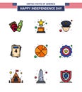 Set of 9 Modern Flat Filled Lines pack on USA Independence Day security; day; police; sports; basketball Royalty Free Stock Photo