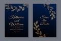 Floral card templates with golden branches on a navy blue background Royalty Free Stock Photo