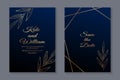 Floral luxury wedding invitation with golden leaves and lines on a navy blue background Royalty Free Stock Photo