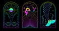 Set of modern fluorescent line art summer icons with mermaid and cocktail. Set of summer posters. Royalty Free Stock Photo