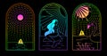 Set of modern fluorescent line art summer icons with mermaid, flamingo and ship. Set of summer posters. Royalty Free Stock Photo