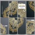 Set of modern flyers. Golden microchip pattern on dark background