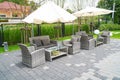 set modern furniture rattan armchairs and table in garden ,outdoor Royalty Free Stock Photo