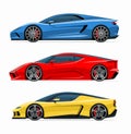 Set of modern generic sports cars. 3 variants of side view of a sports coupe isolated on white background.