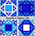 Set of 4 modern geometric seamless patterns with triangles and squares of blue and white shades