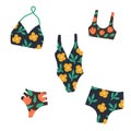 Set of Modern hand drawn colorful women s swimwears. Beautiful pattern thongs and lace bras